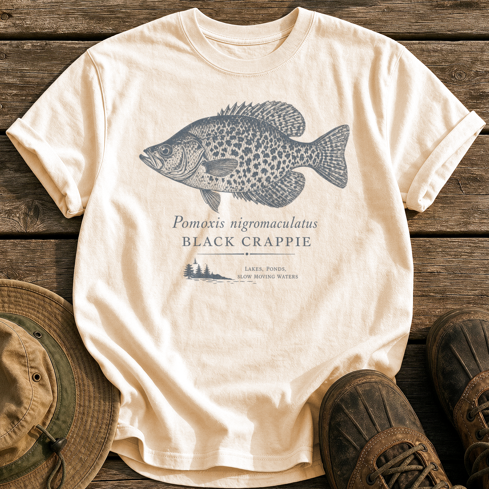 Black Crappie tee - Ivory - front
