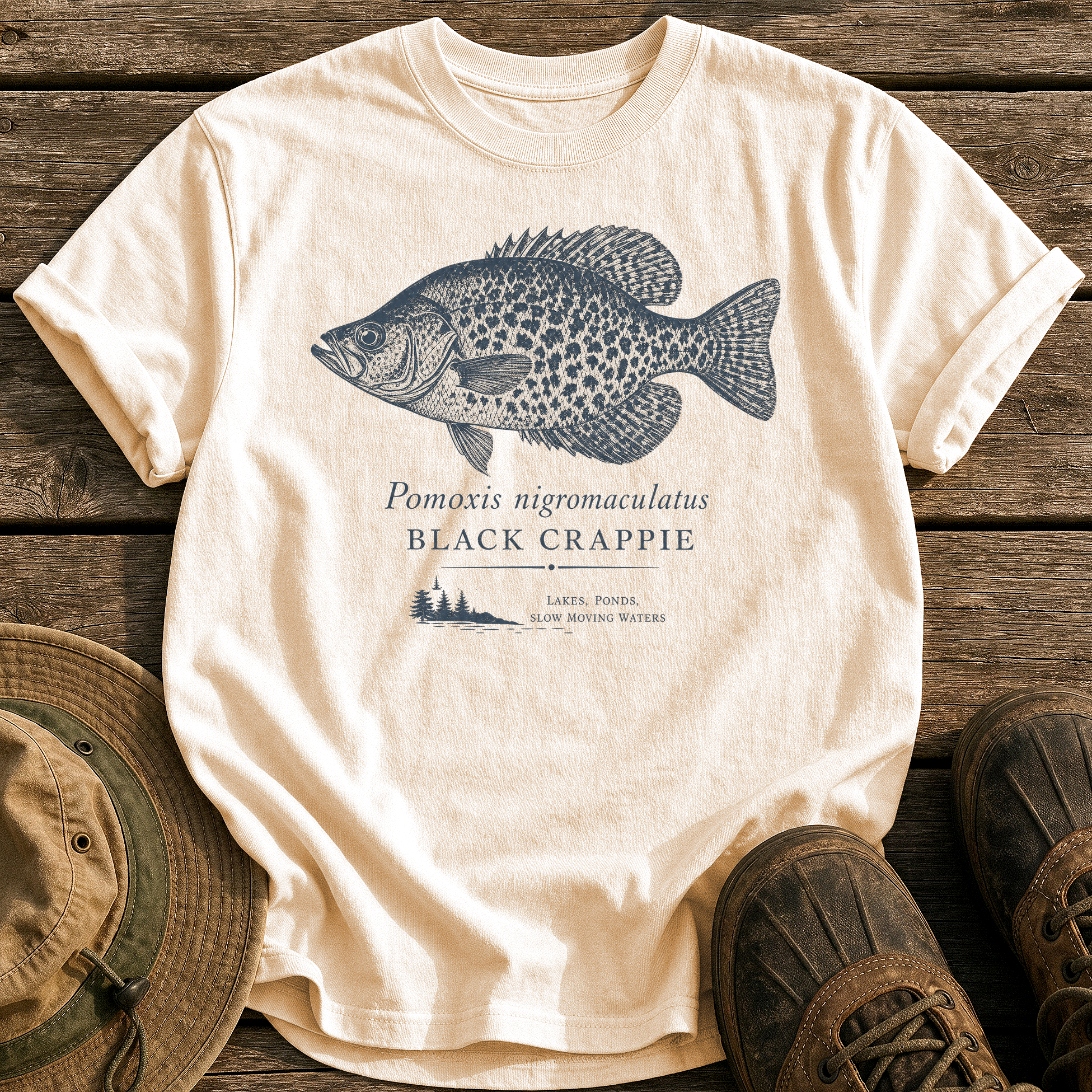 Black Crappie tee - Ivory - front