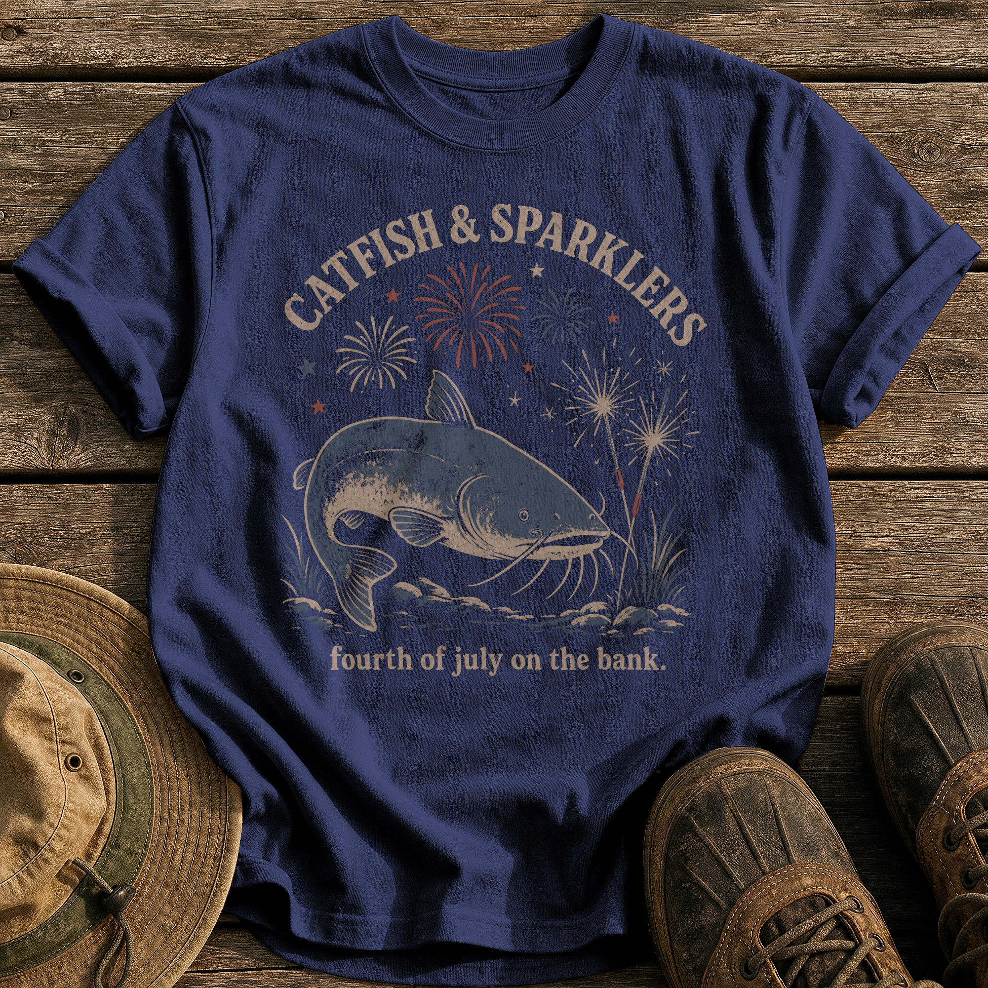 Catfish & Sparklers tee - True Navy - front