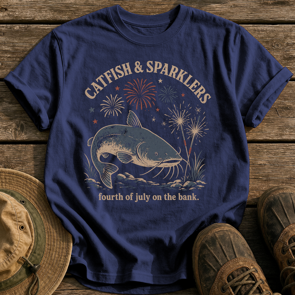 Catfish & Sparklers tee - True Navy - front