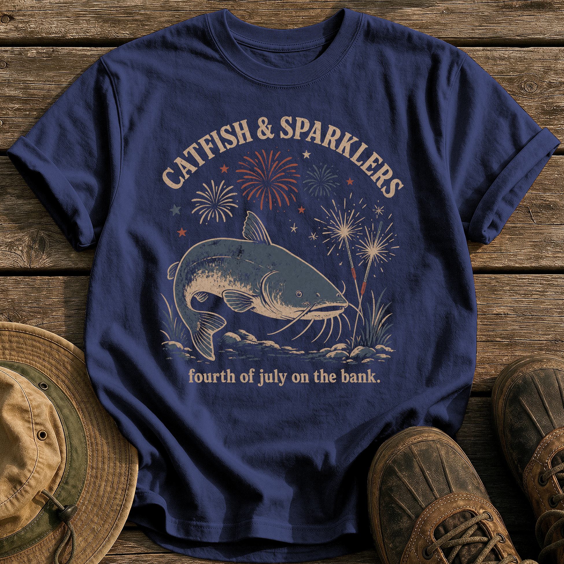 Catfish & Sparklers tee - True Navy - front