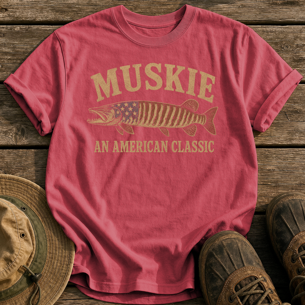 Muskie, An American Classic tee - Chili - front