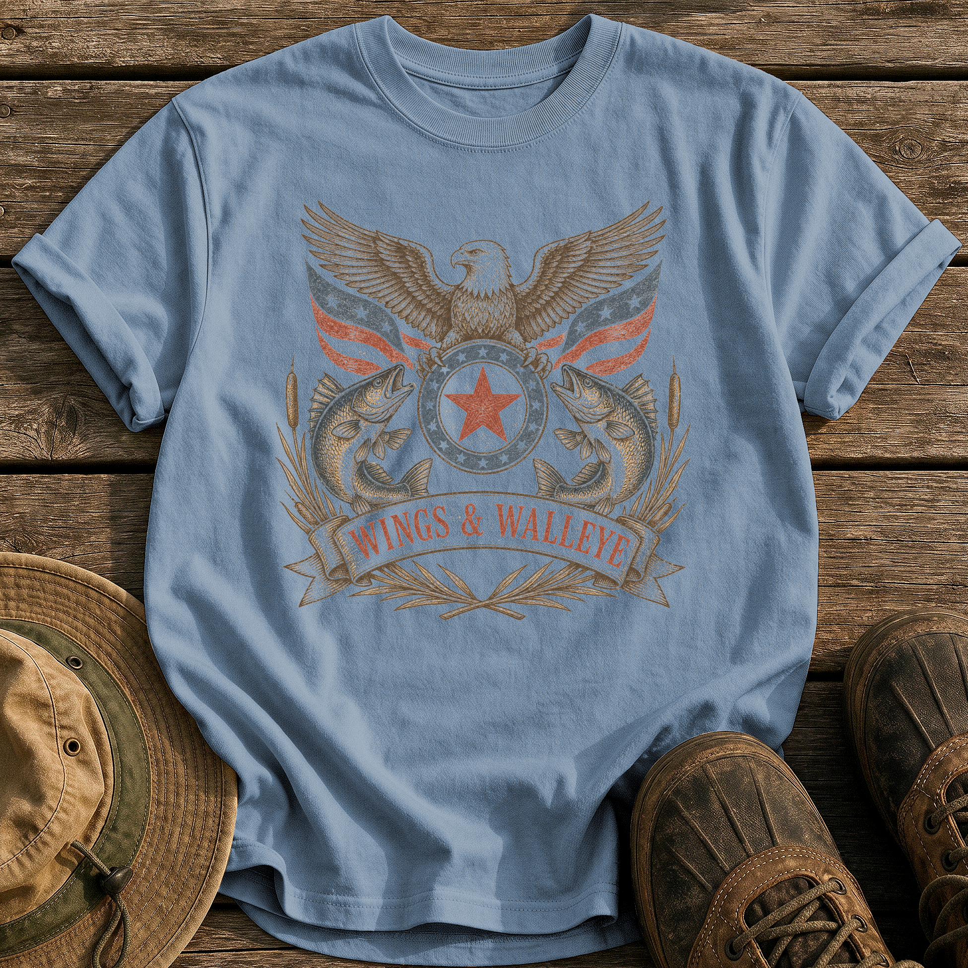 Wings & Walleye tee - Blue Jean - front