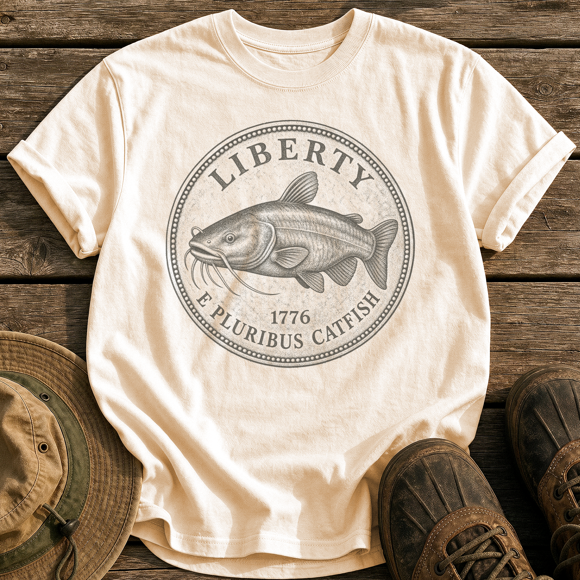 Catfish Liberty Coin tee - Ivory - front