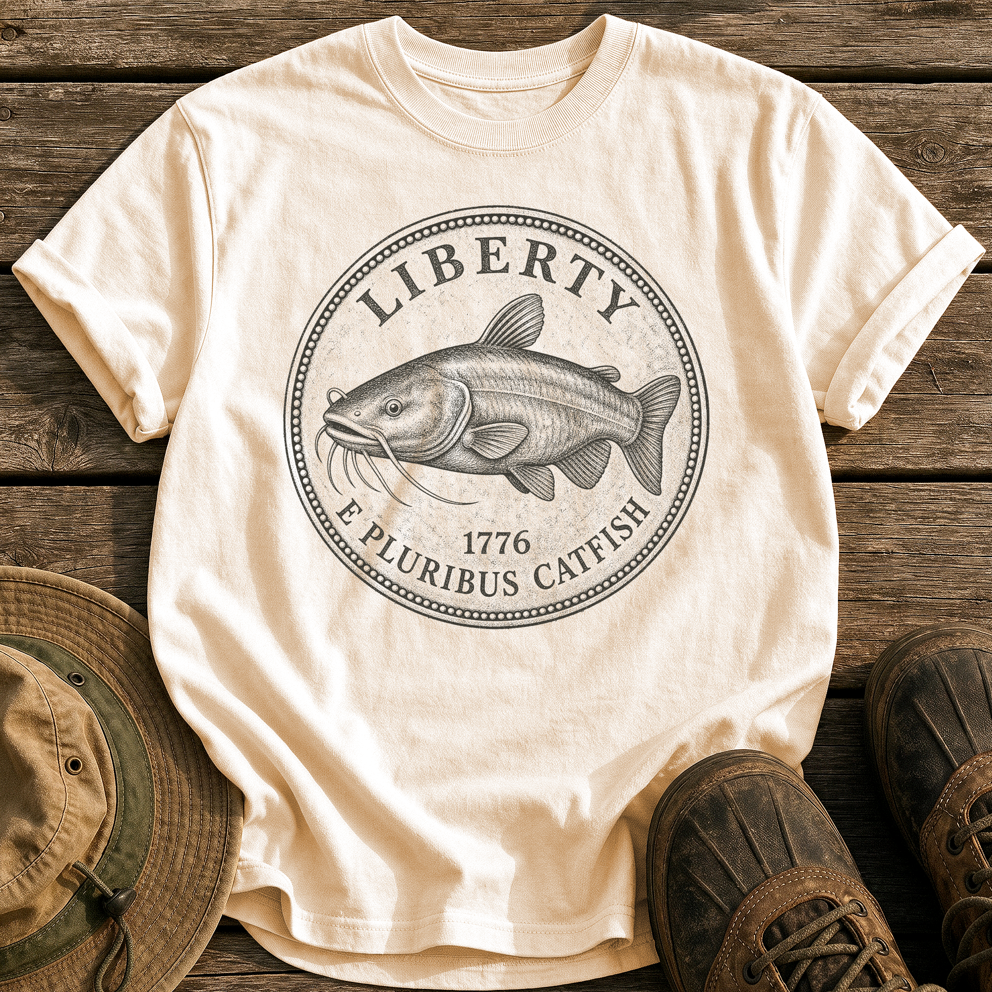 Catfish Liberty Coin tee - Ivory - front