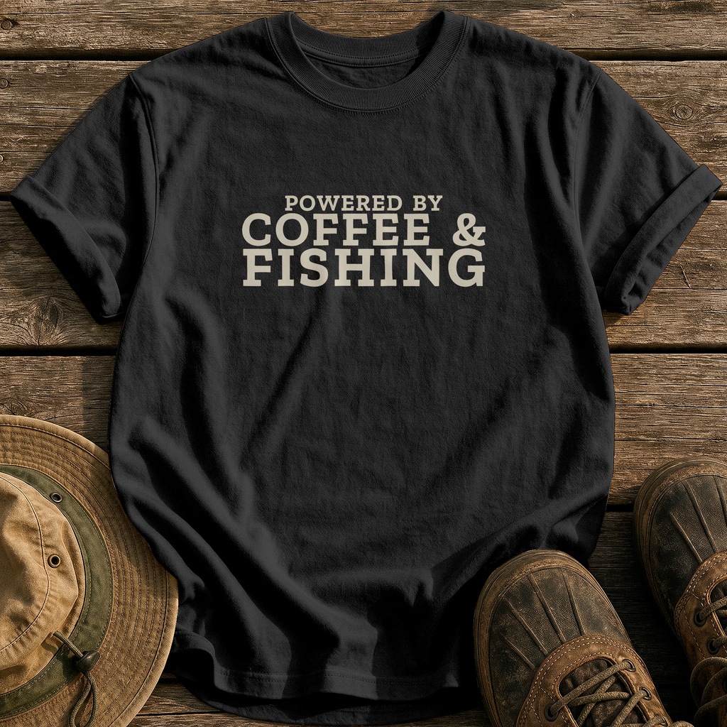 Powered by Coffee and Fishing tee - Black - front