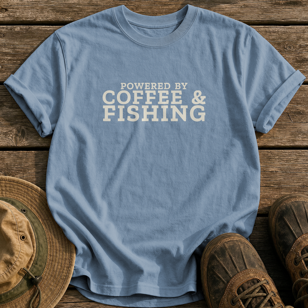 Powered by Coffee and Fishing tee - Blue Jean - front