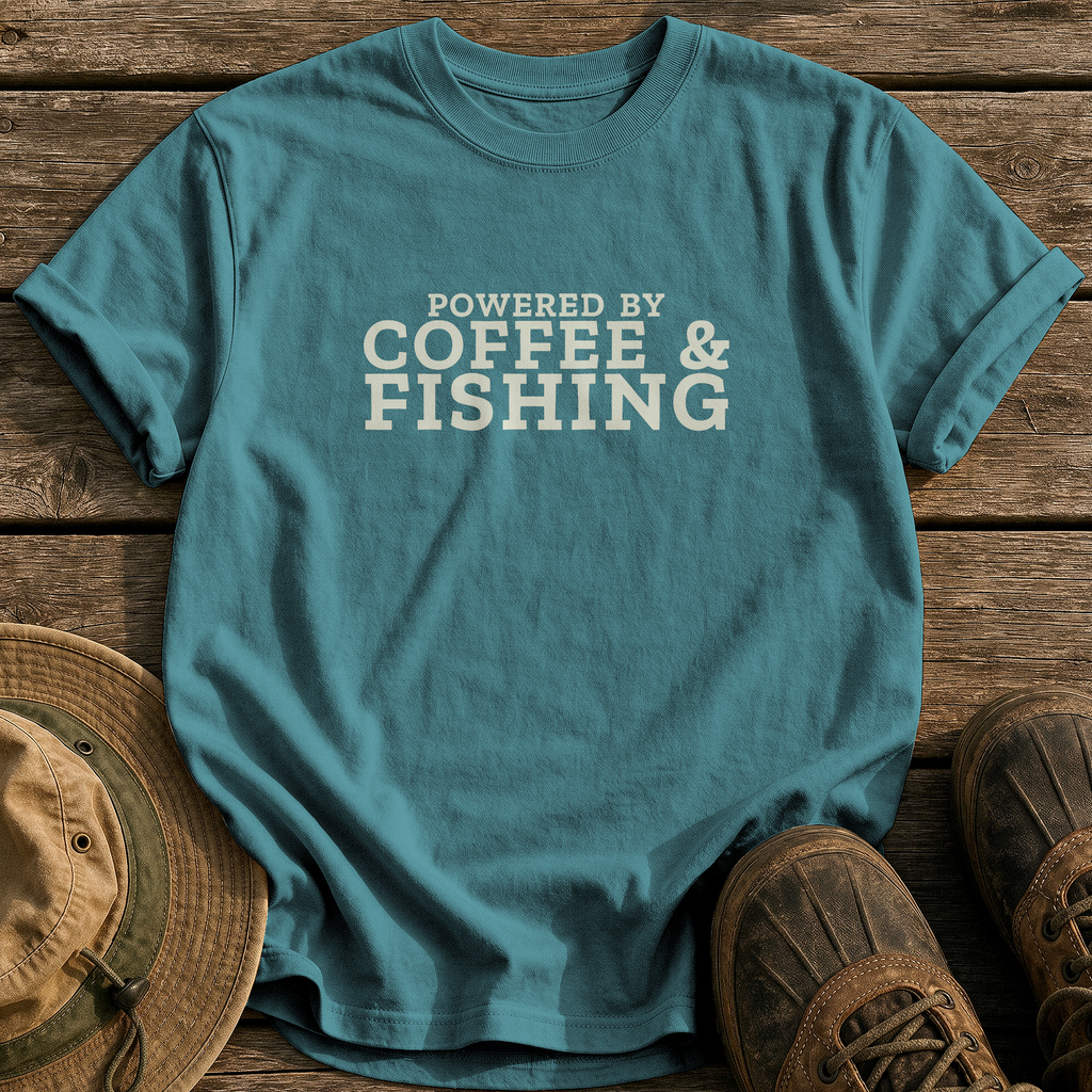 Powered by Coffee and Fishing tee - Blue Spruce - front