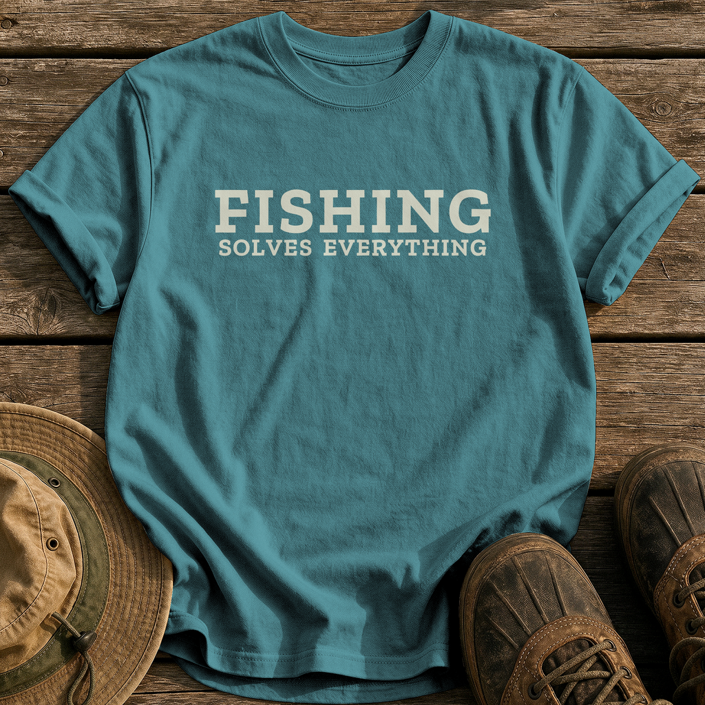 Fishing Solves Everything tee - Blue Spruce - front
