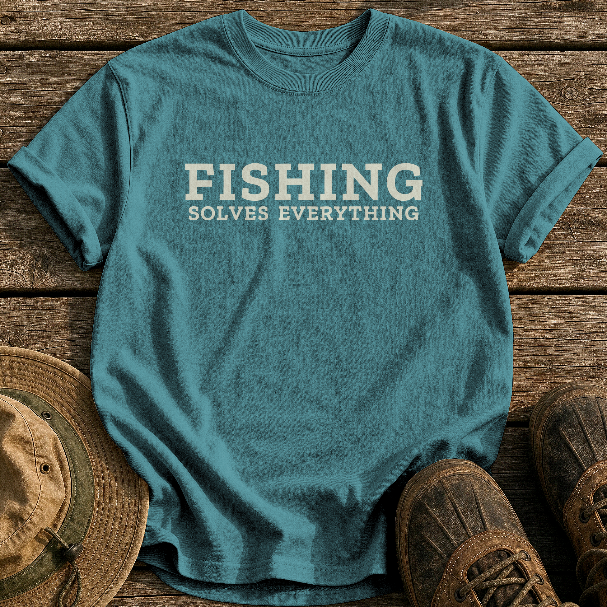 Fishing Solves Everything tee - Blue Spruce - front