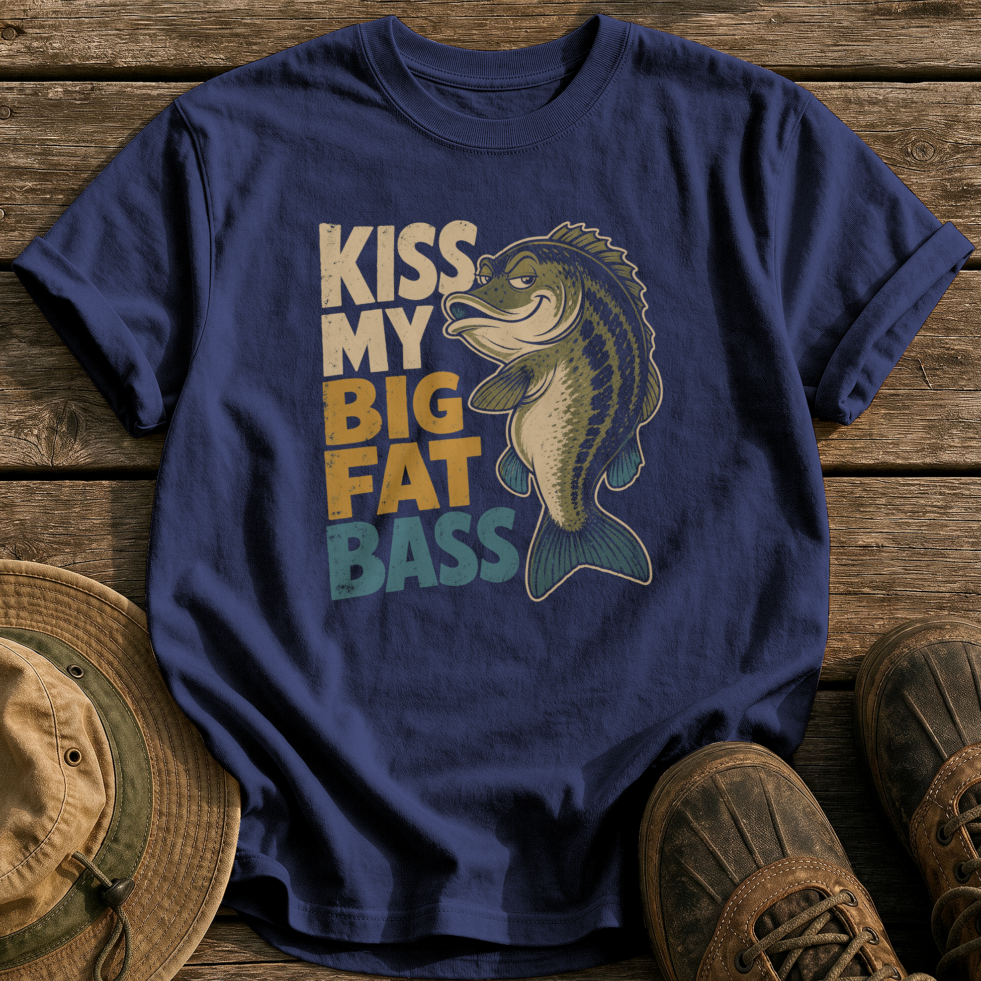 Kiss My Big Fat Bass tee - True Navy - front