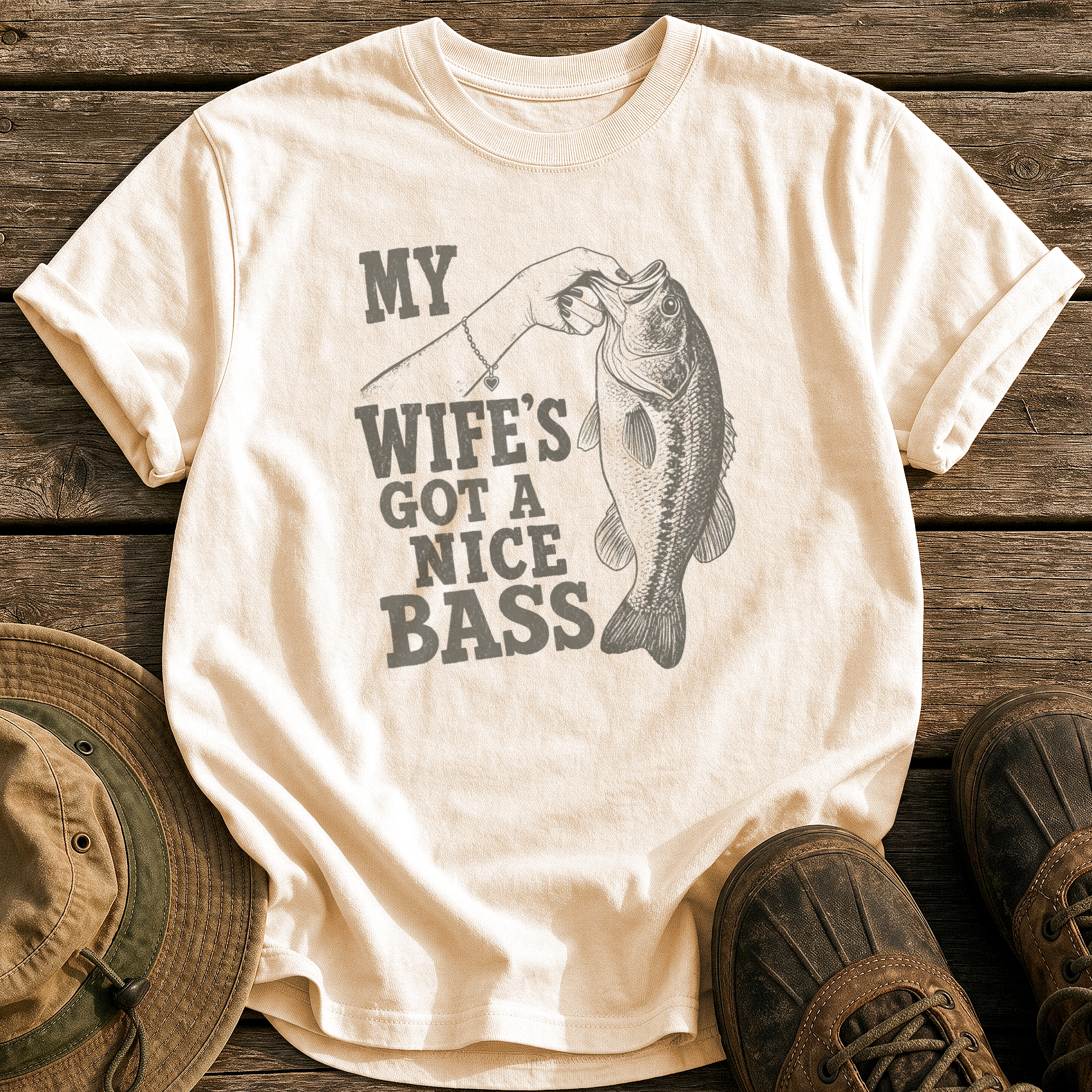 Wife's Got a Nice Bass tee - Ivory - front