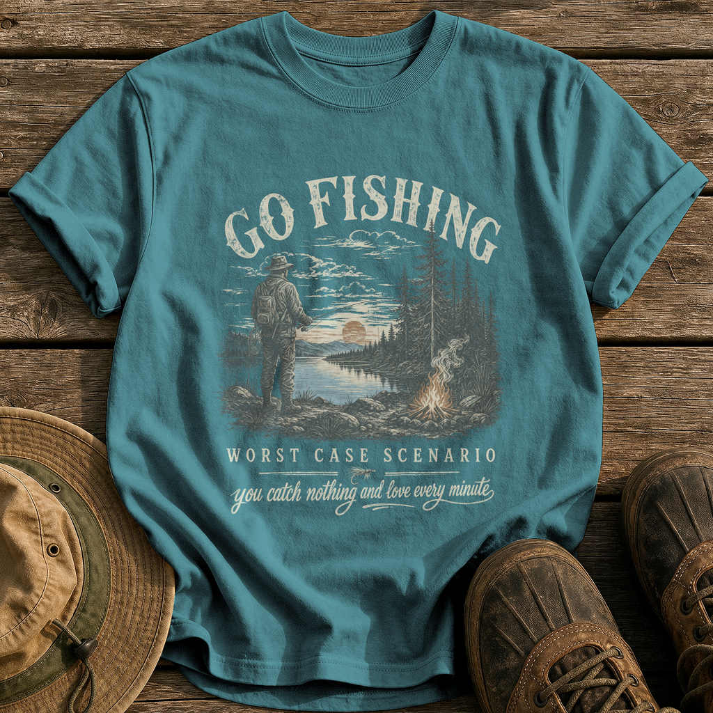 Go Fishing, Worst Case Scenario tee - Blue Spruce - front
