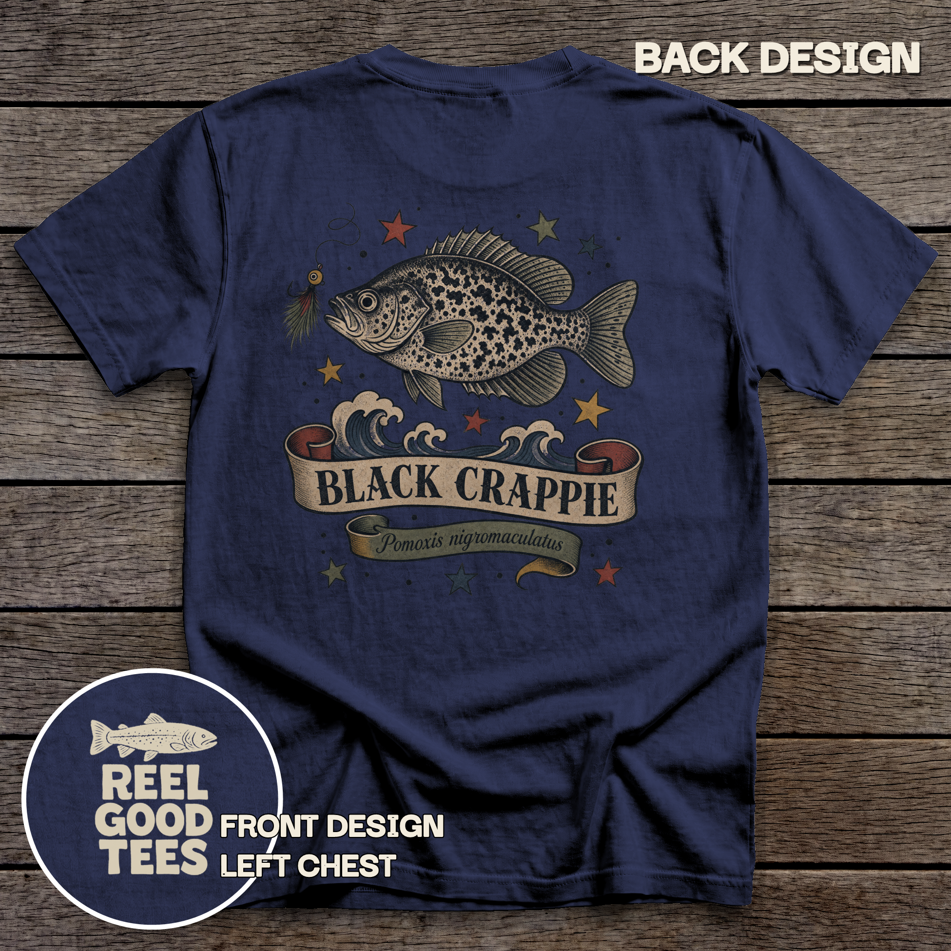 Black Crappie Flash tee - True Navy - back