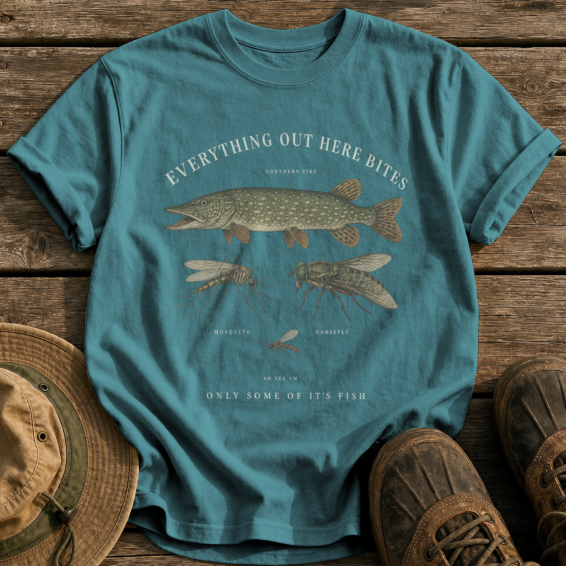 Everything Out Here Bites tee - Blue Spruce - front
