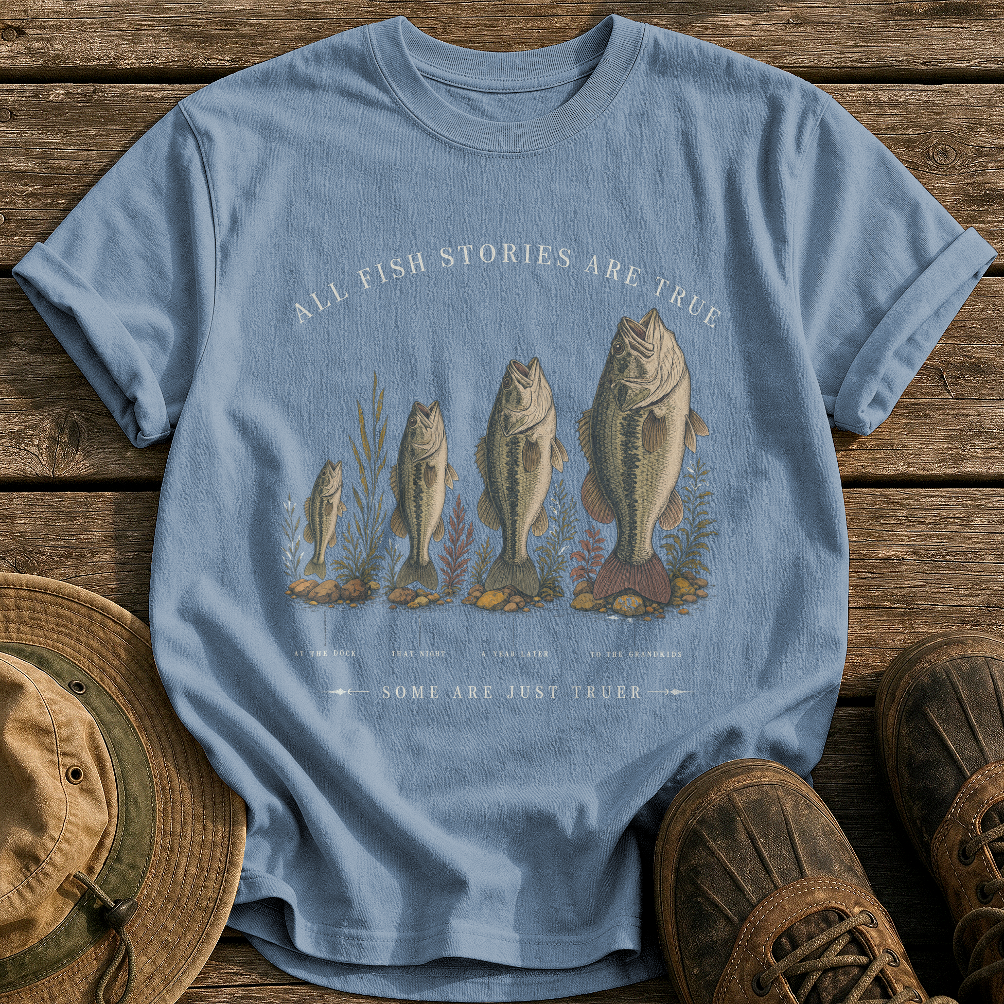 All Fish Stories Are True tee - Blue Jean - front