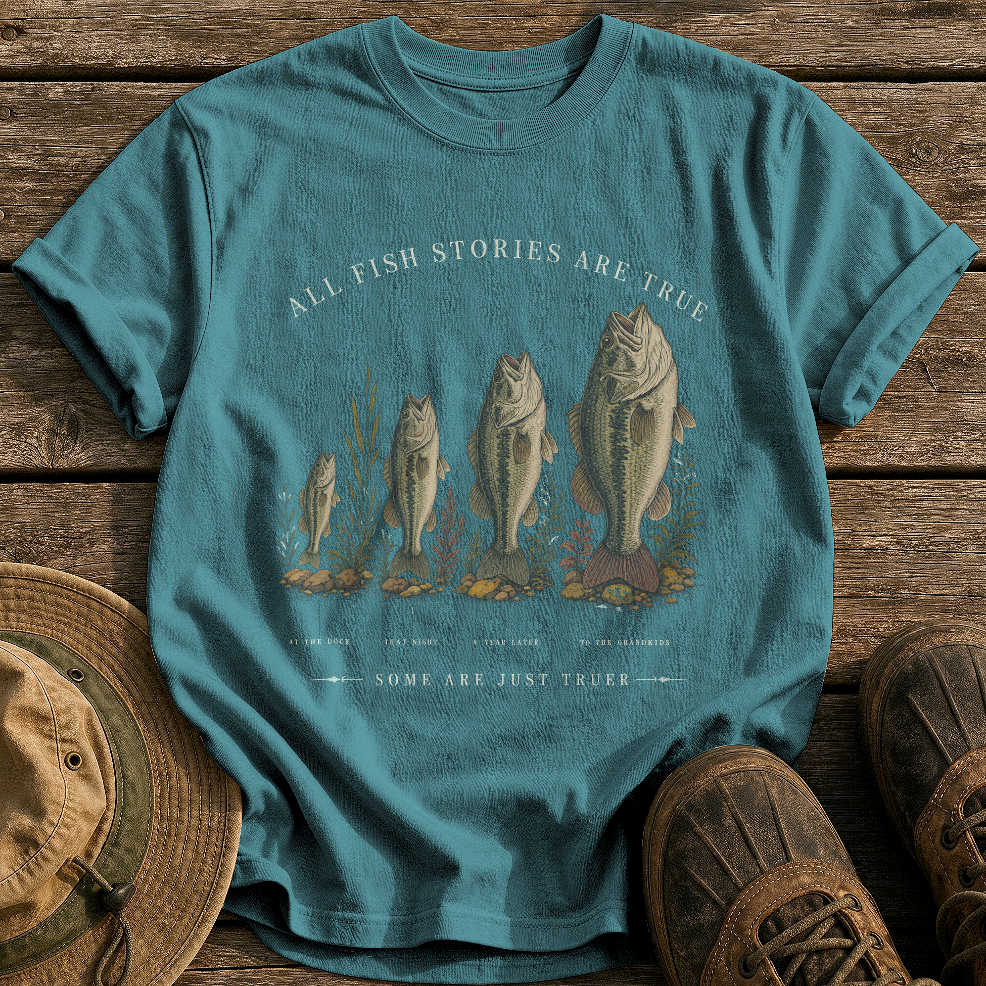 All Fish Stories Are True tee - Blue Spruce - front