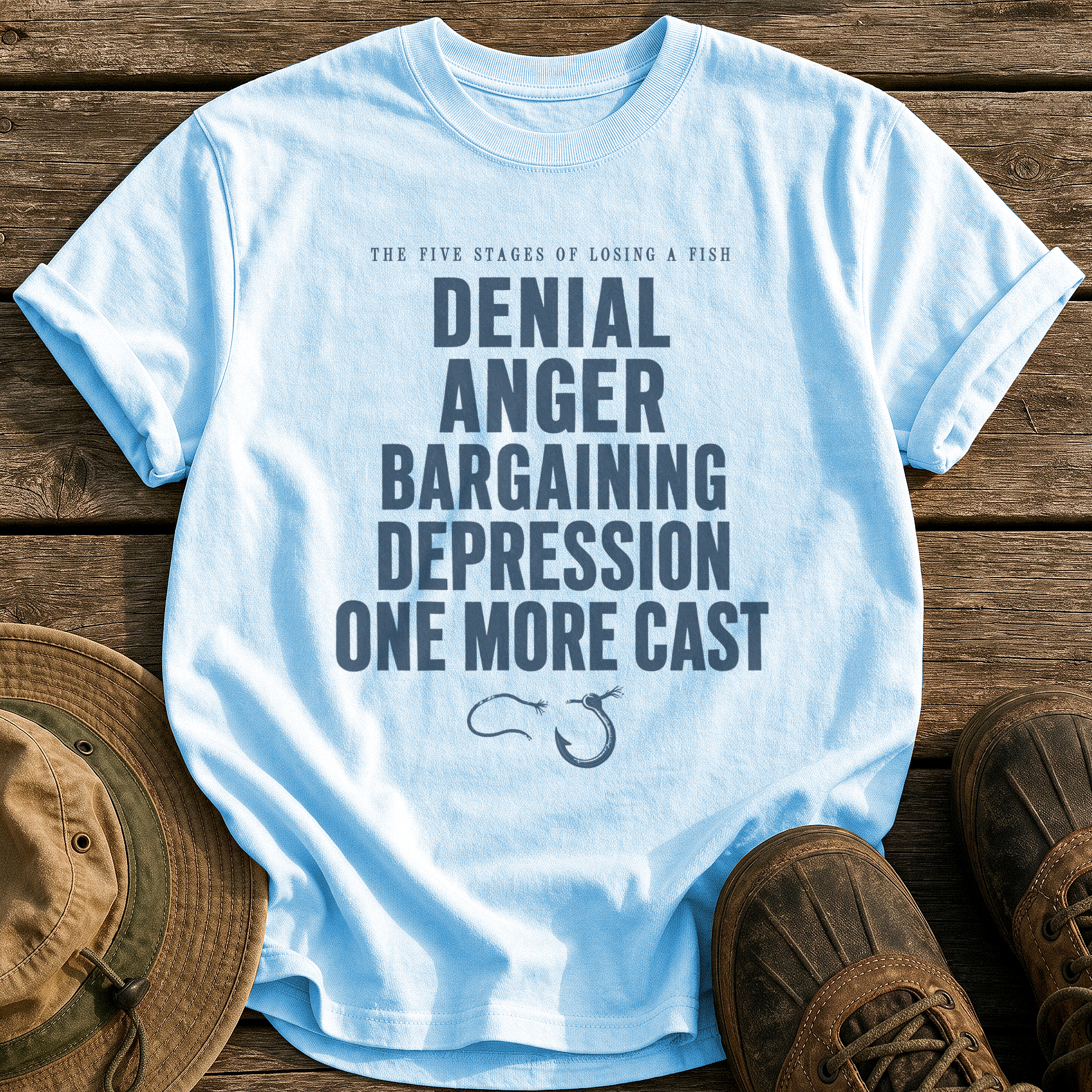 Stages of Losing a Fish tee - Chambray - front