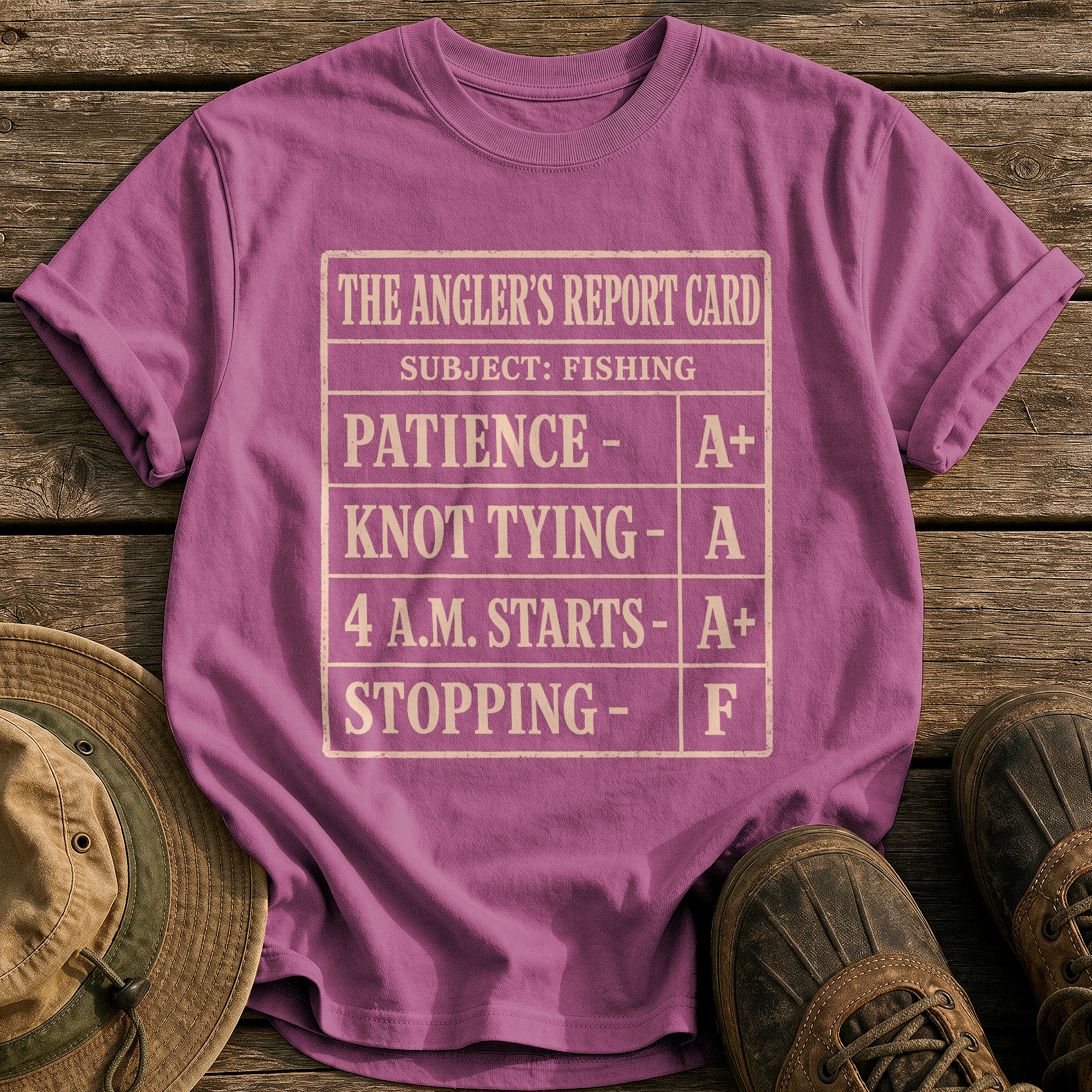 The Angler's Report Card tee - Berry - front