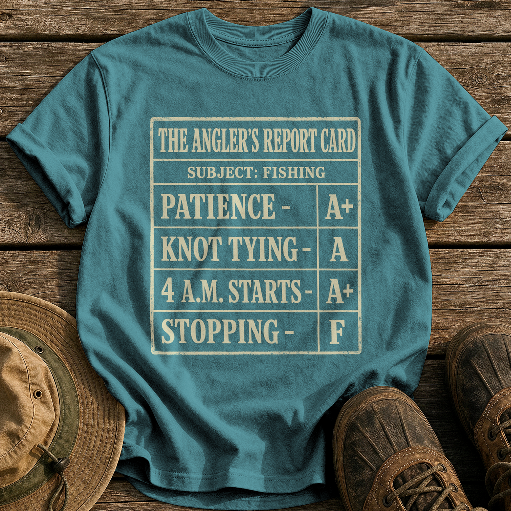 The Angler's Report Card tee - Blue Spruce - front