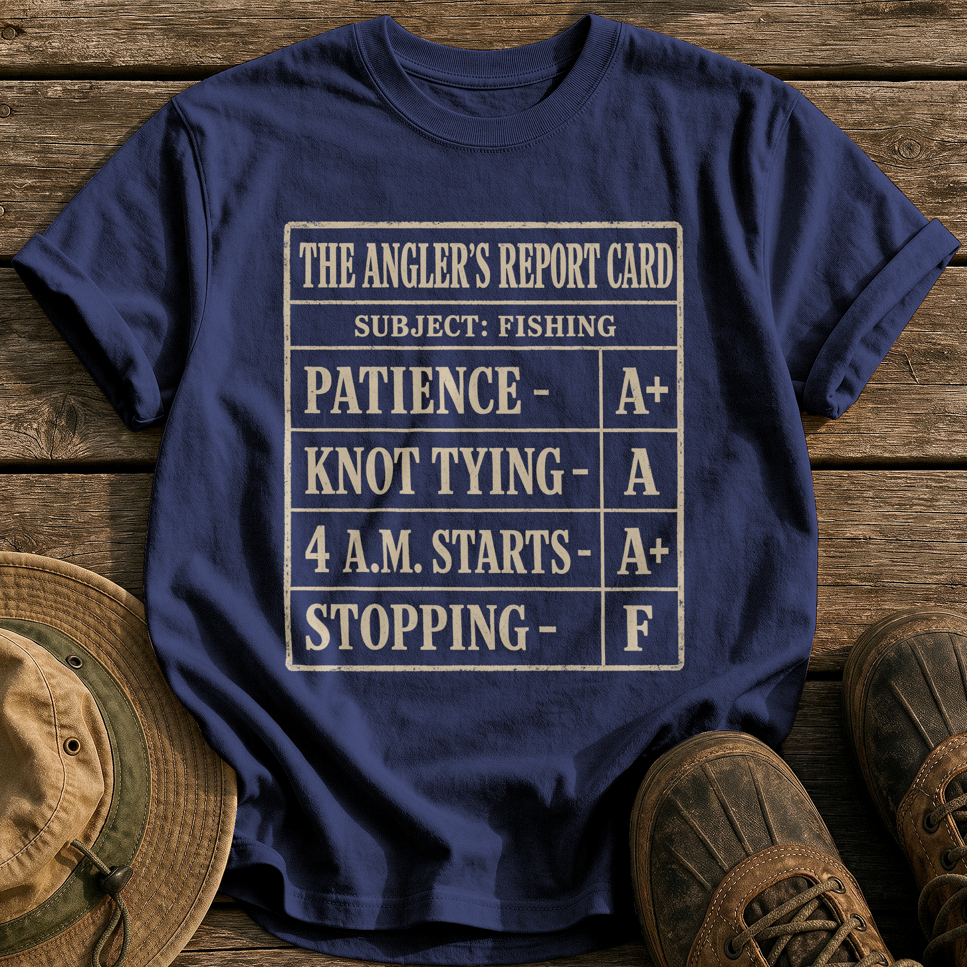 The Angler's Report Card tee - True Navy - front