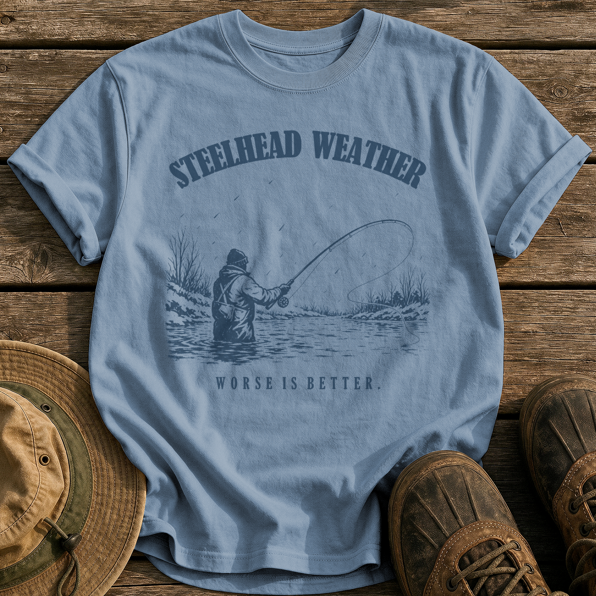 Steelhead Weather tee - Blue Jean - front