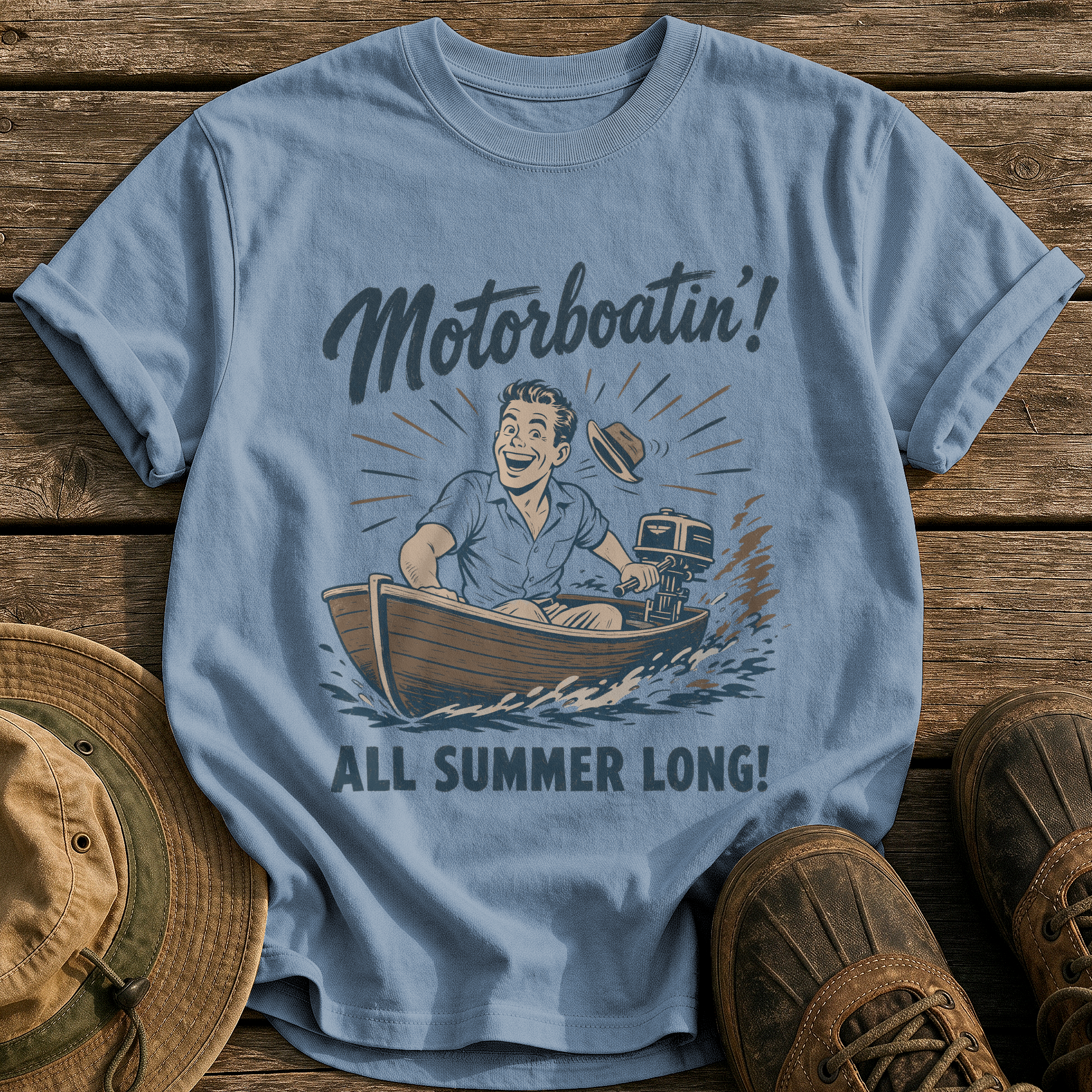 Motorboatin' tee - Blue Jean - front