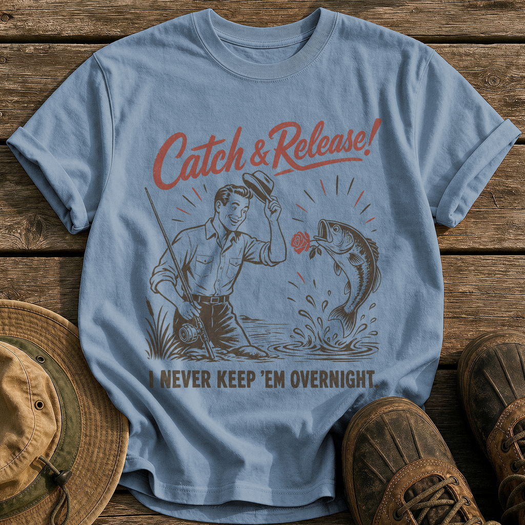 Never Keep 'Em Overnight tee - Blue Jean - front