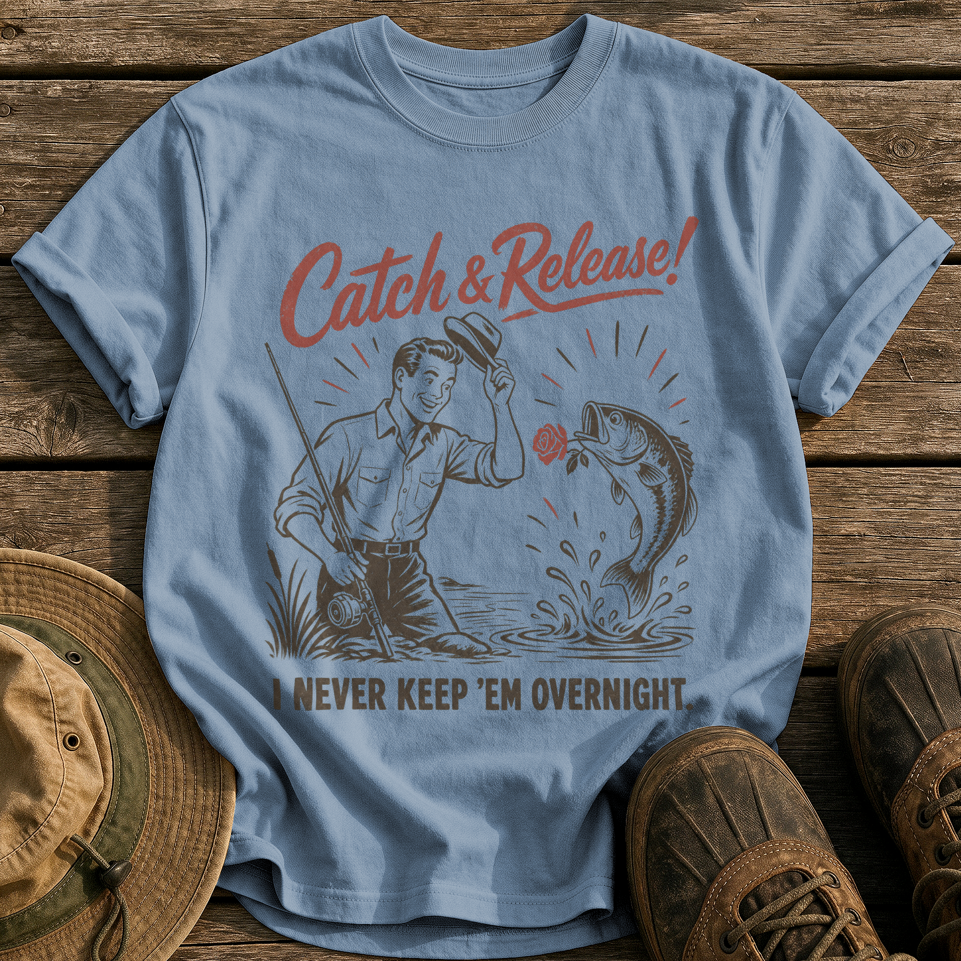 Never Keep 'Em Overnight tee - Blue Jean - front