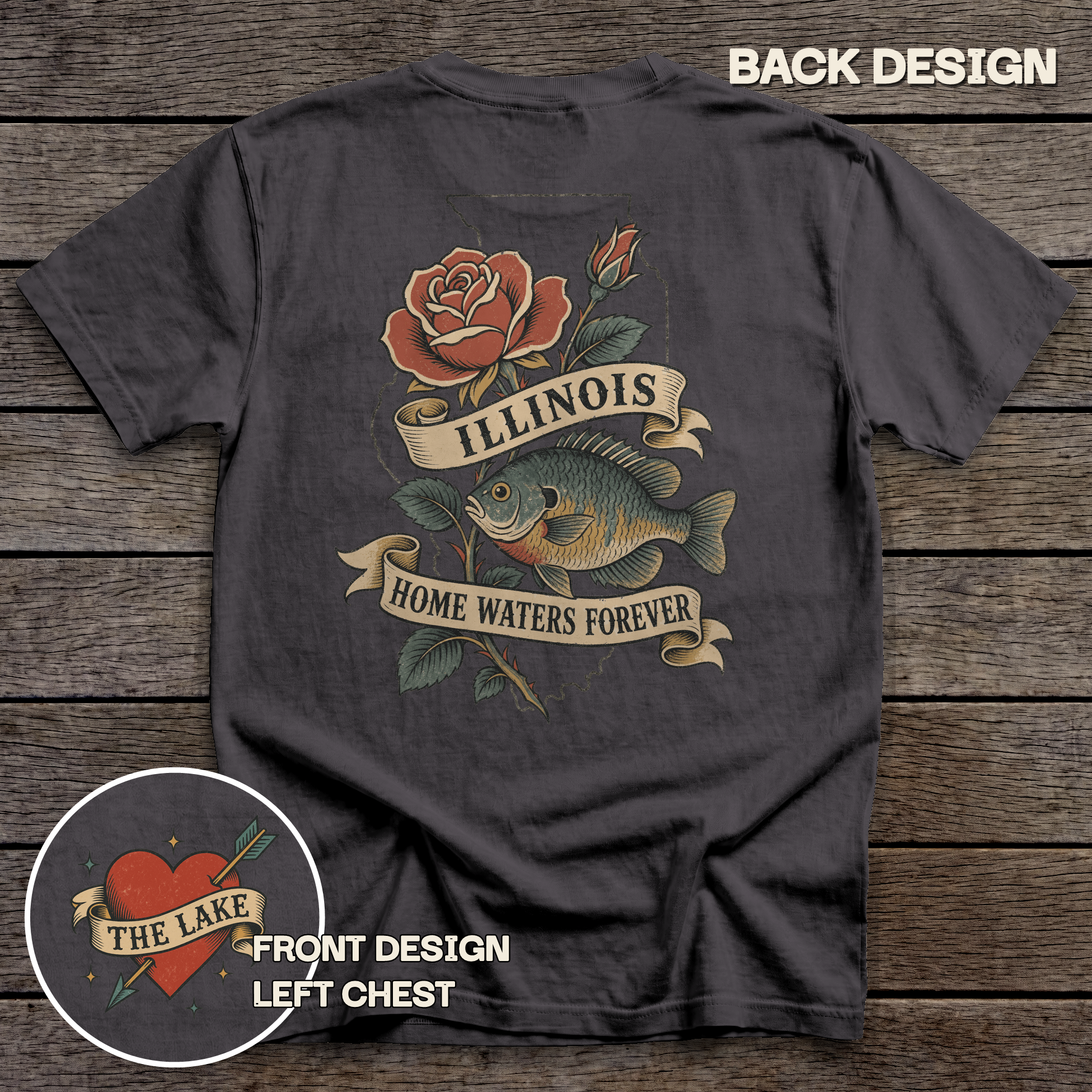 Illinois Bluegill & Rose tee - Graphite - back