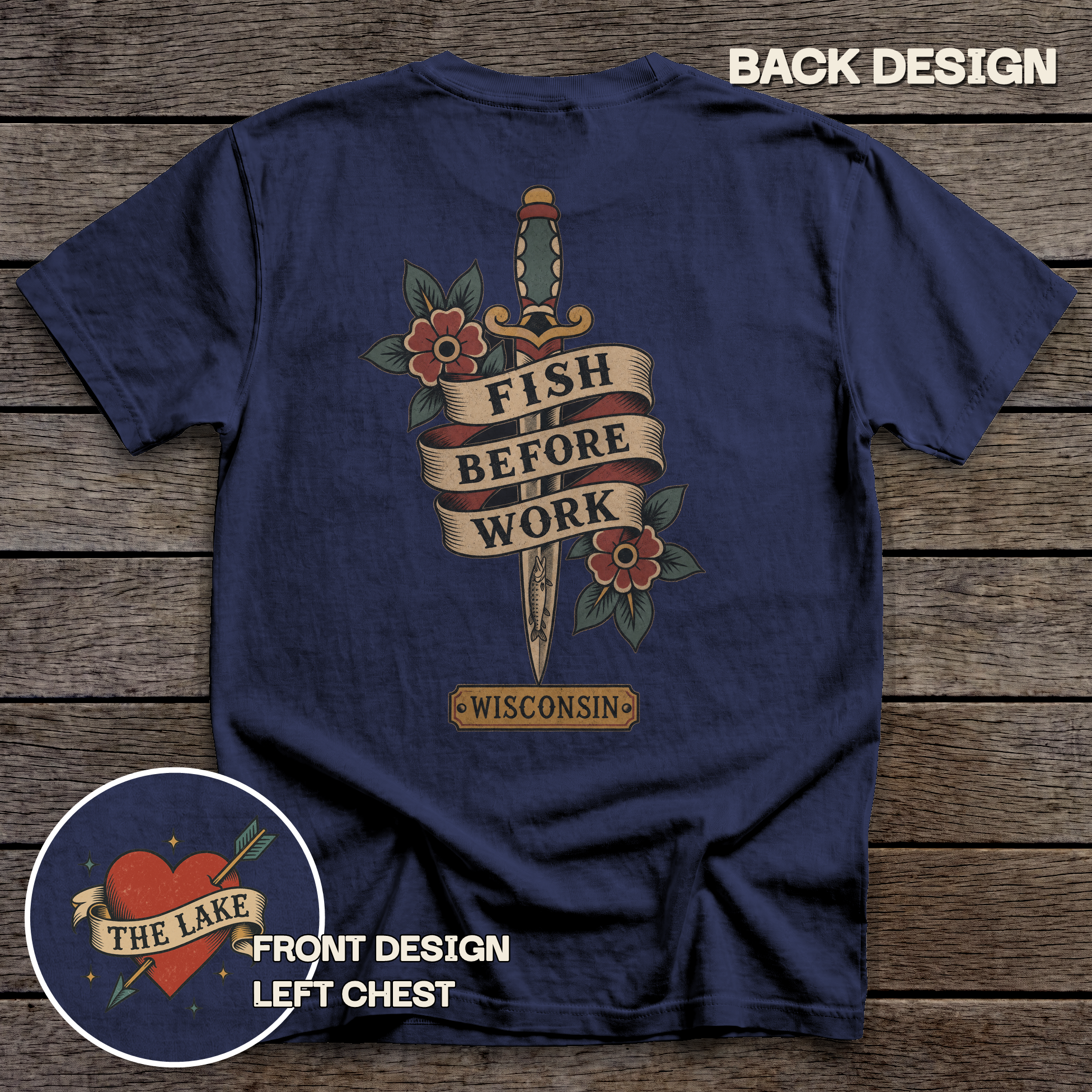 Fish Before Work tee - True Navy - back