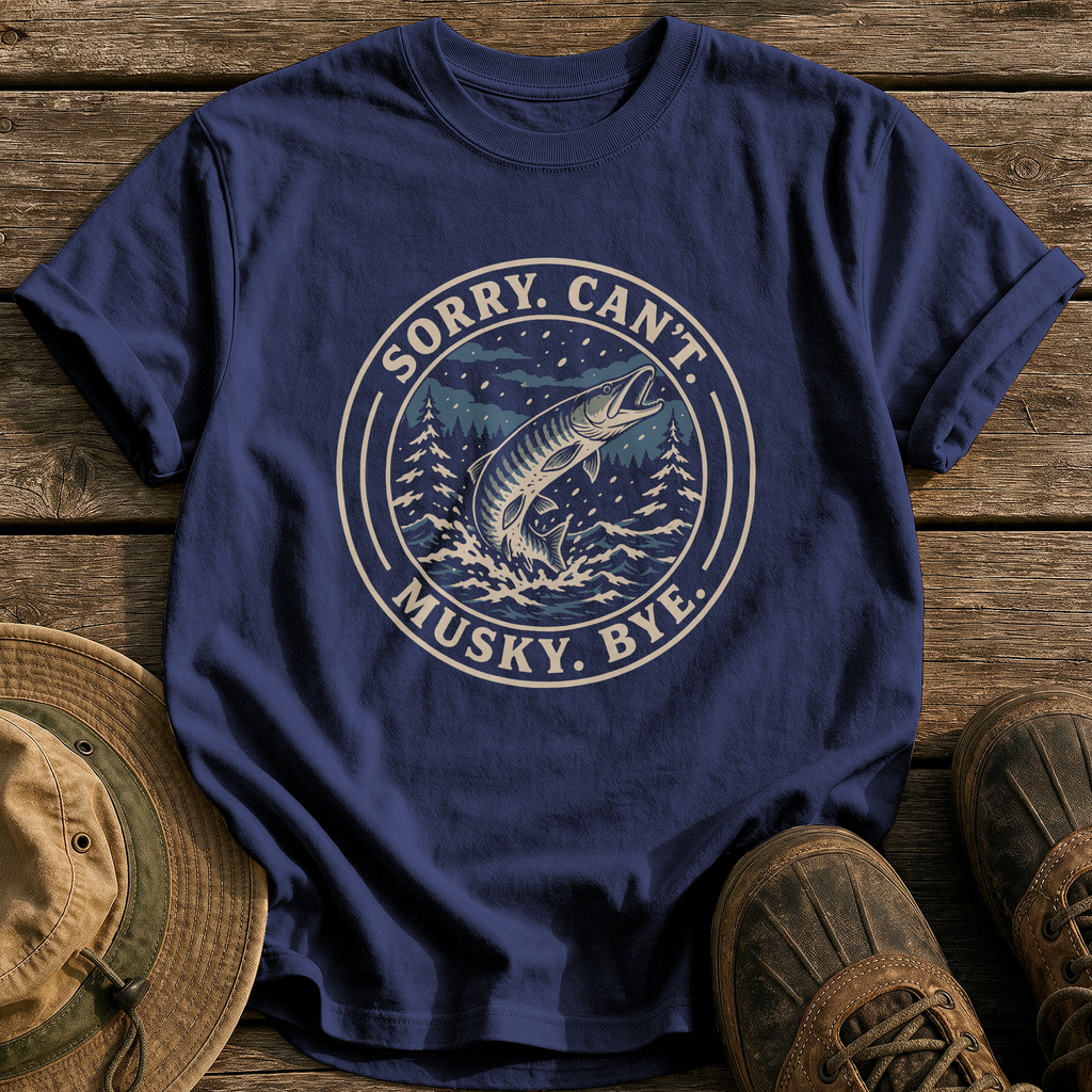 Sorry. Can't. Musky. Bye. tee - True Navy - front