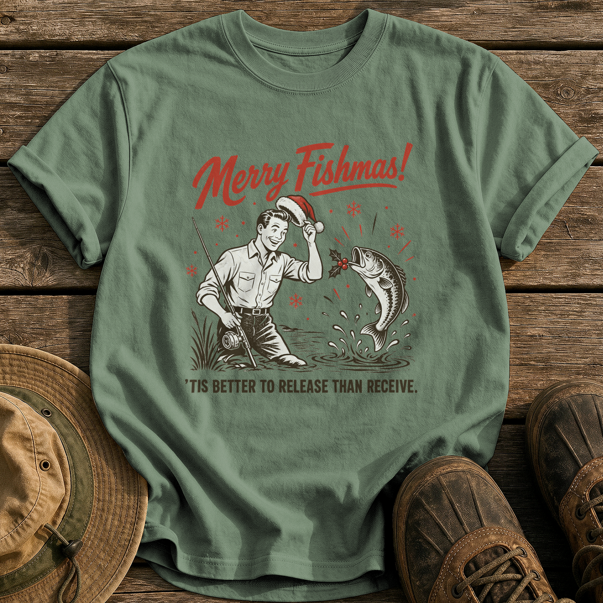 Merry Fishmas tee - Moss - front