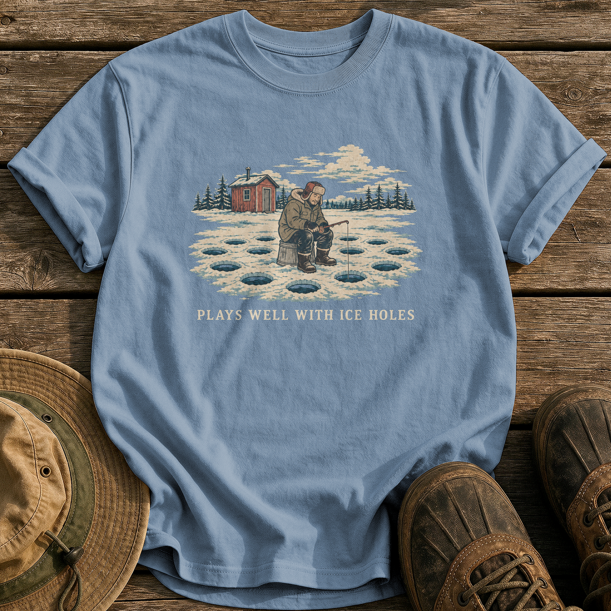 Plays Well With Ice Holes tee - Blue Jean - front