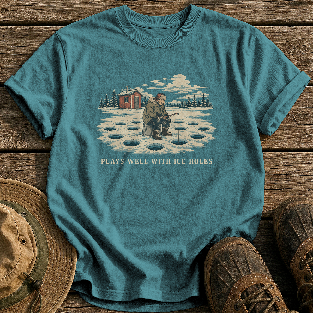 Plays Well With Ice Holes tee - Blue Spruce - front