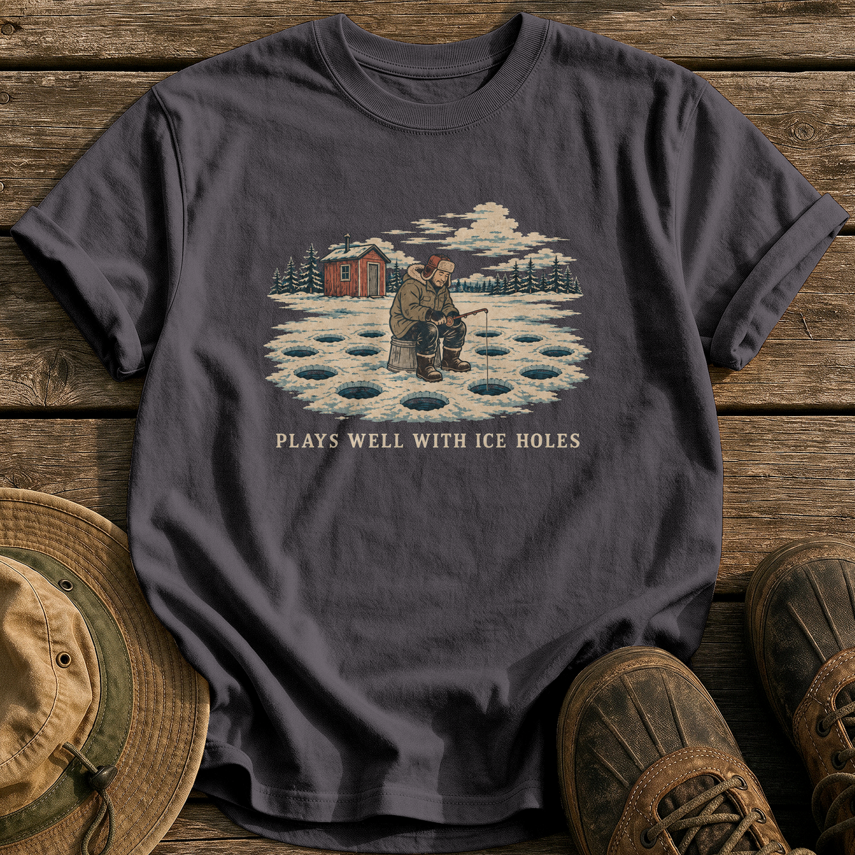 Plays Well With Ice Holes tee - Graphite - front