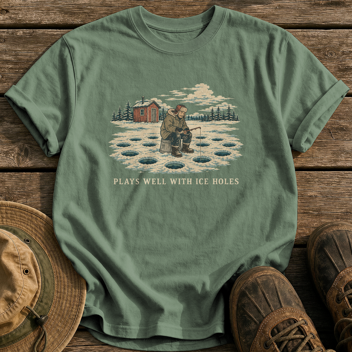 Plays Well With Ice Holes tee - Moss - front