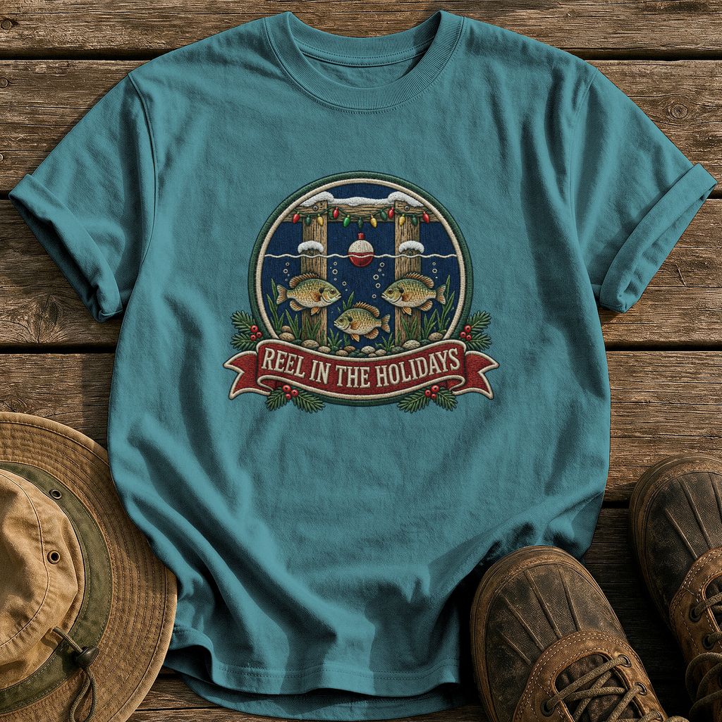 Reel In The Holidays tee - Blue Spruce - front