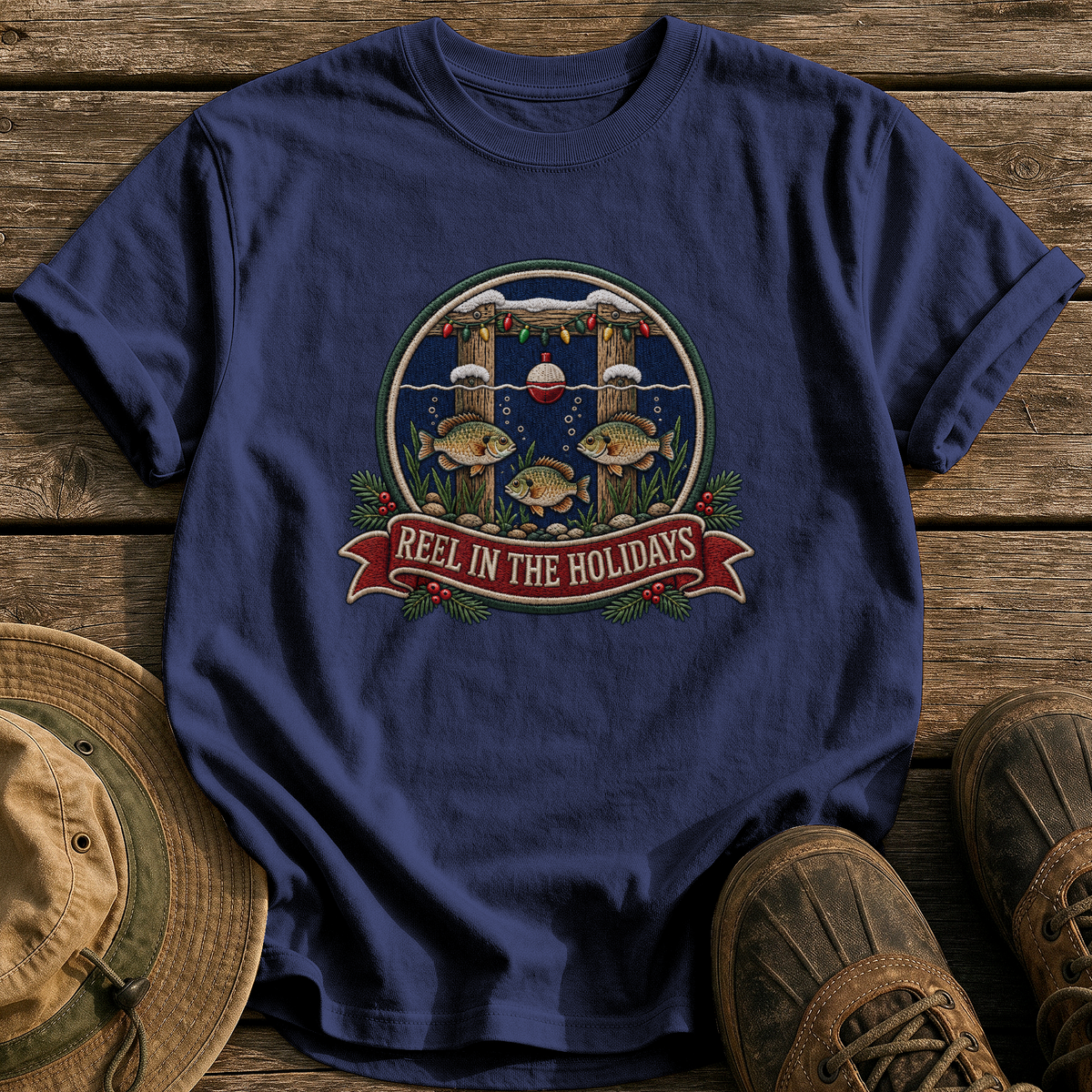 Reel In The Holidays tee - True Navy - front
