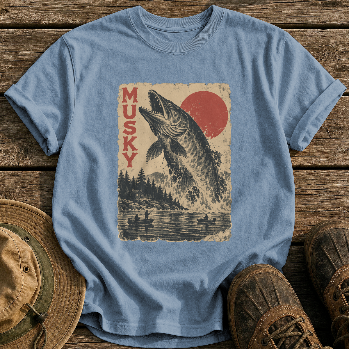 Musky Monster Poster tee - Blue Jean - front