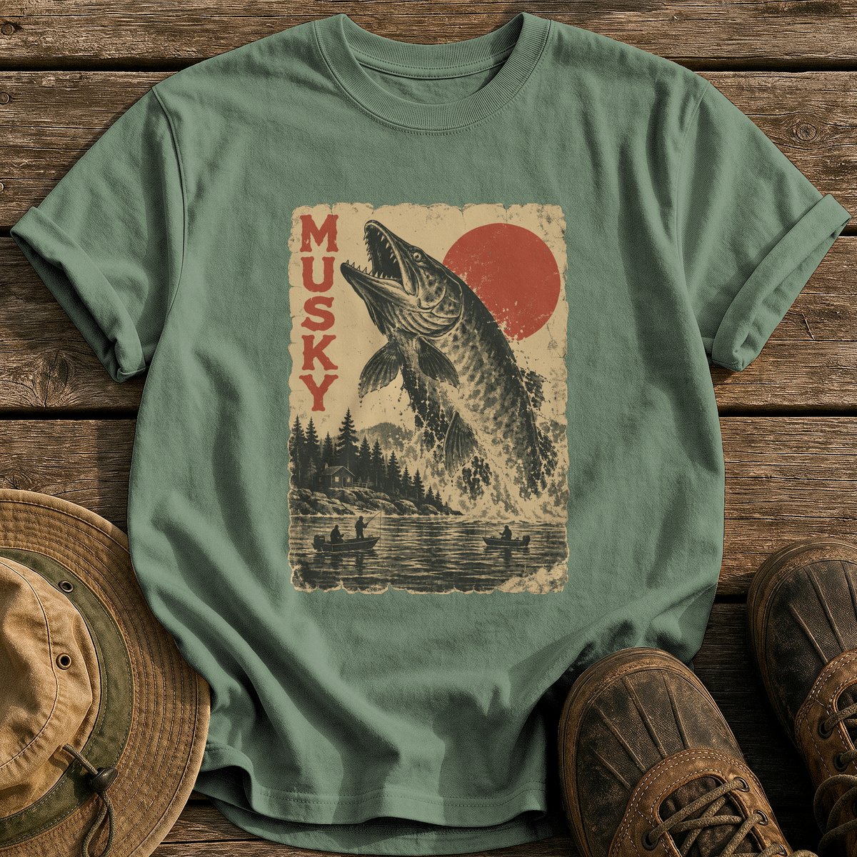 Musky Monster Poster tee - Moss - front