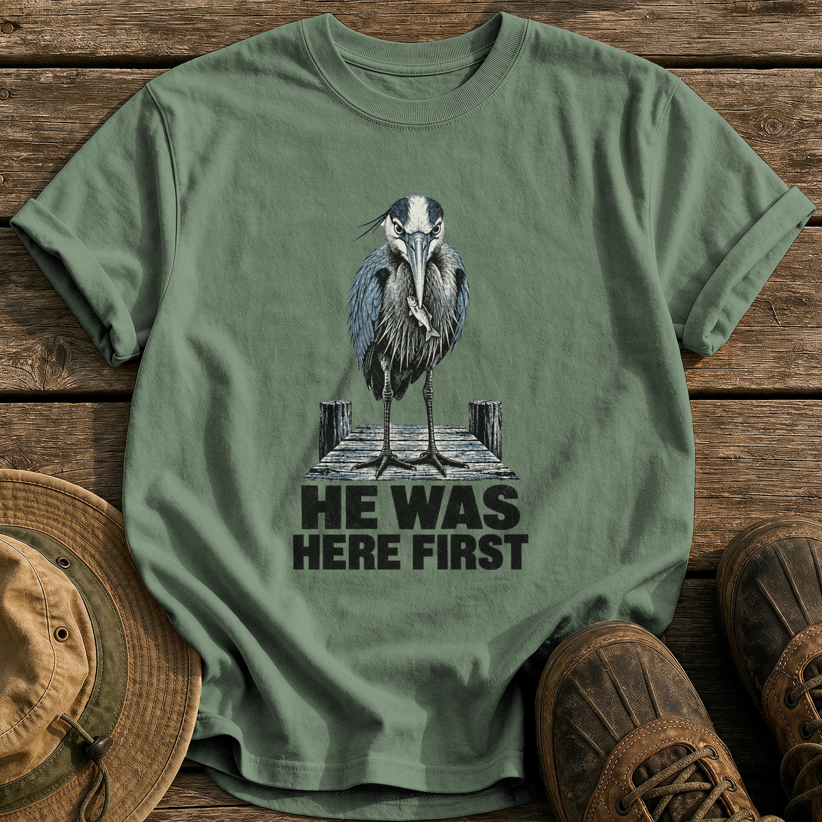 He Was Here First tee - Moss - front