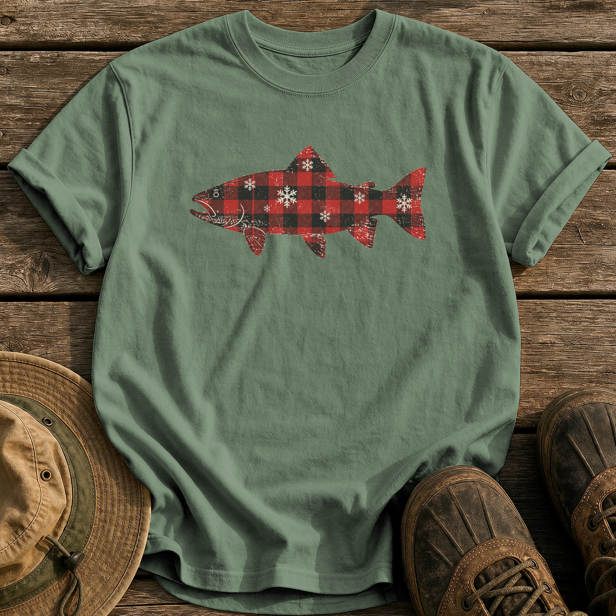 Flannel Trout tee - Moss - front