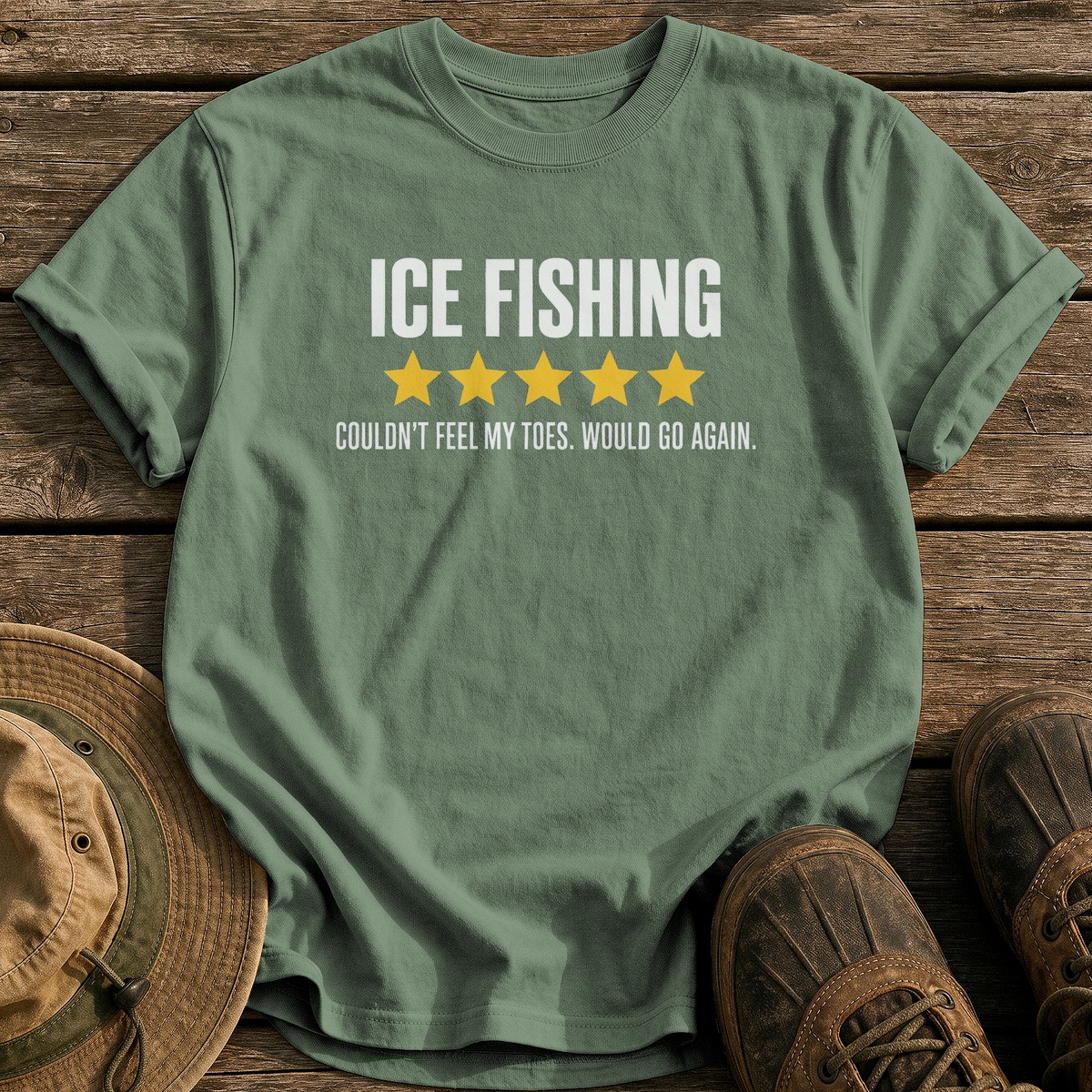 Ice Fishing, Five Stars tee - Moss - front