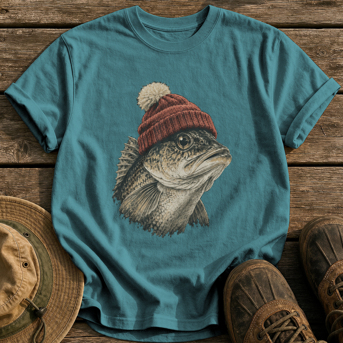 Walleye In A Beanie tee - Blue Spruce - front