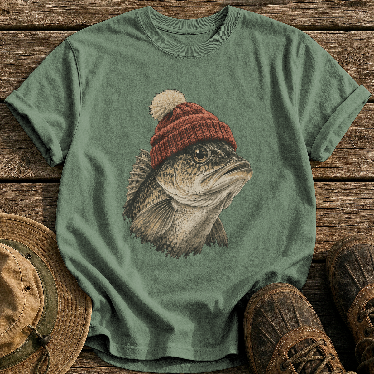 Walleye In A Beanie tee - Moss - front