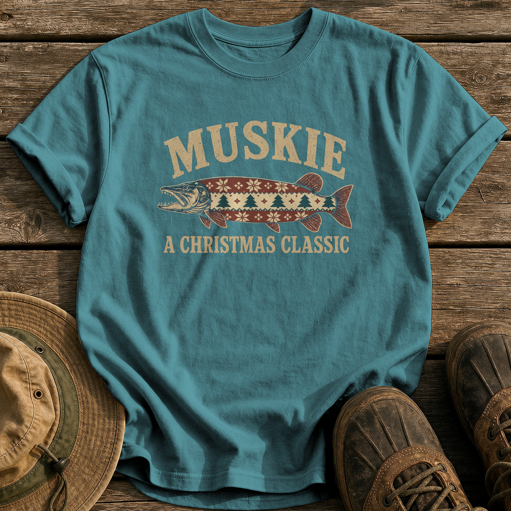 Muskie, A Christmas Classic tee - Blue Spruce - front