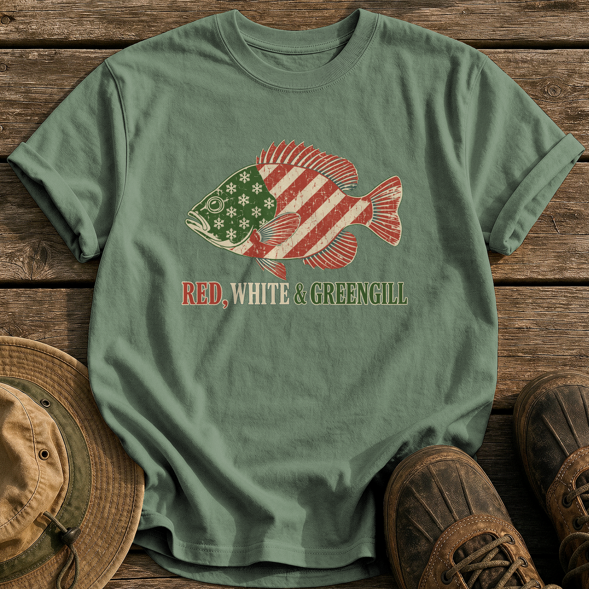 Red, White & Greengill tee - Moss - front