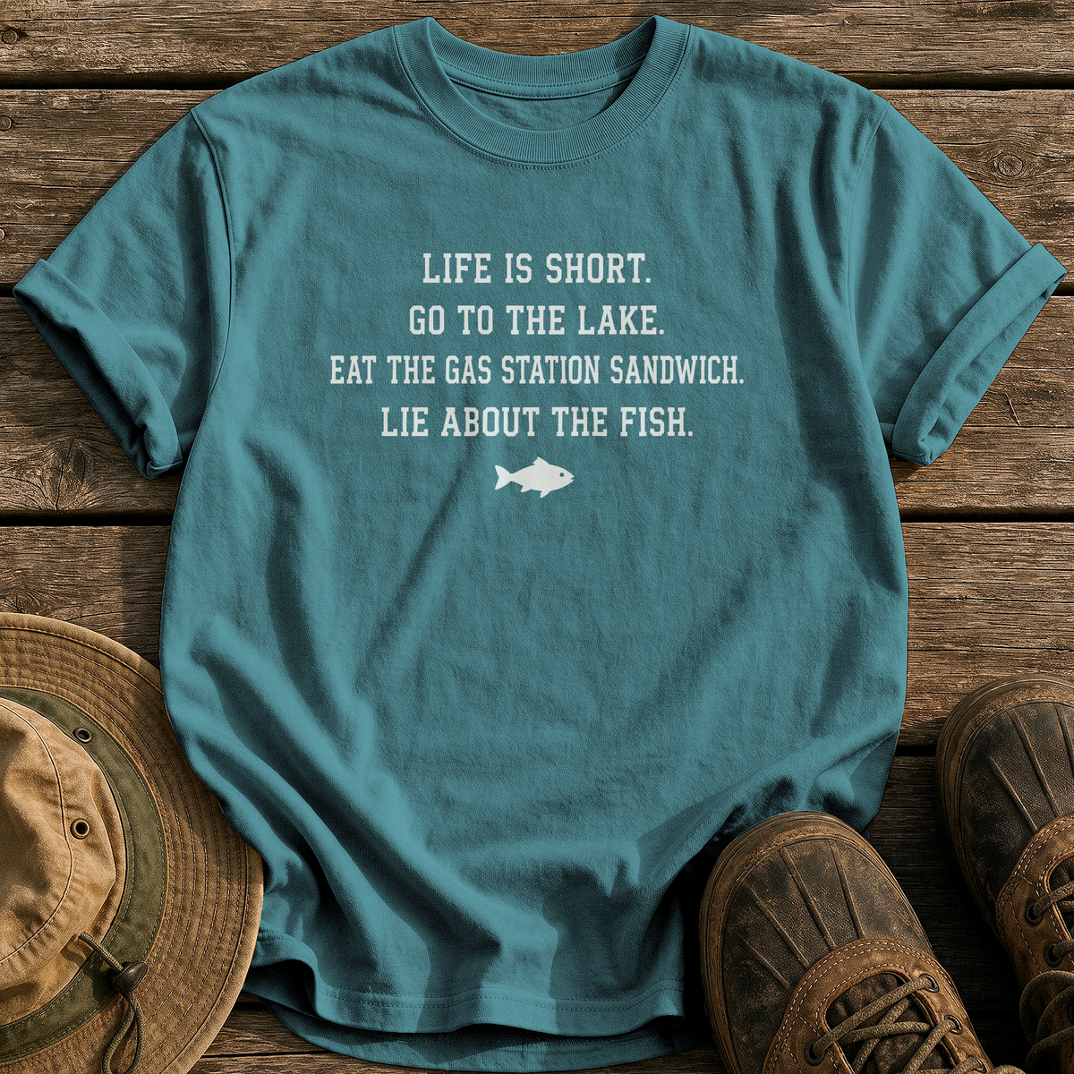 Life Is Short, Go Fishing tee - Blue Spruce - front