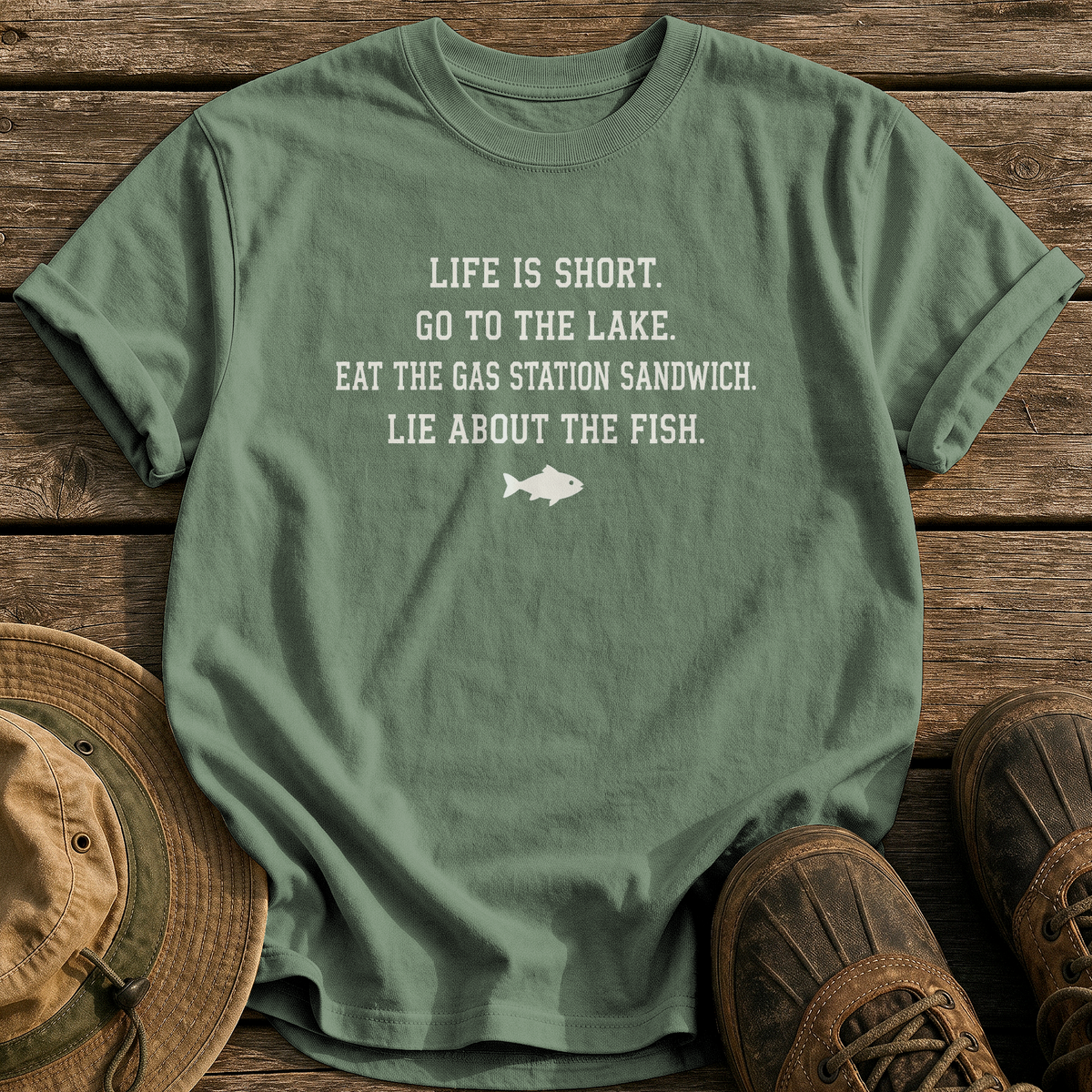 Life Is Short, Go Fishing tee - Moss - front